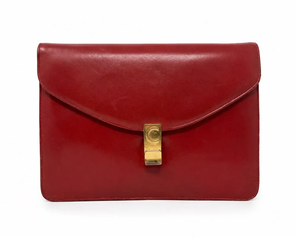 Celine Vintage Red Leather C Logo Clutch Envelope Bag